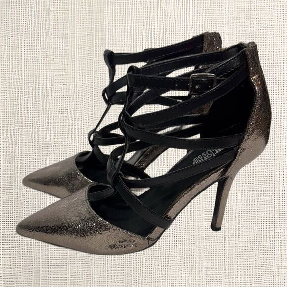 VTG Charlotte Russe Strappy Heels Metallic Gunmetal Pointed Toe Stilettos Size 6 - Picture 1 of 5